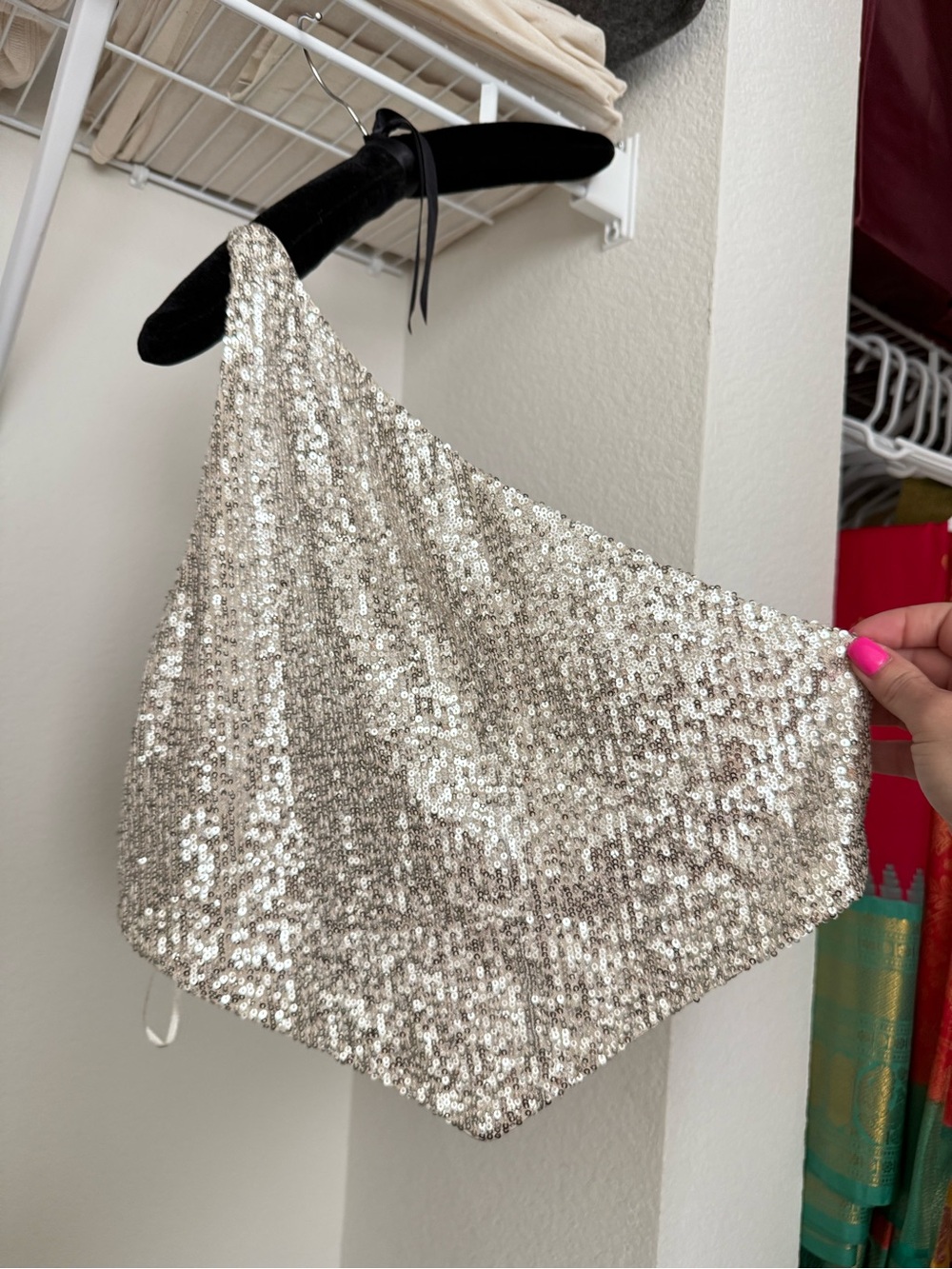 Forever 21 Silver Sequin One-Shoulder Crop Top
